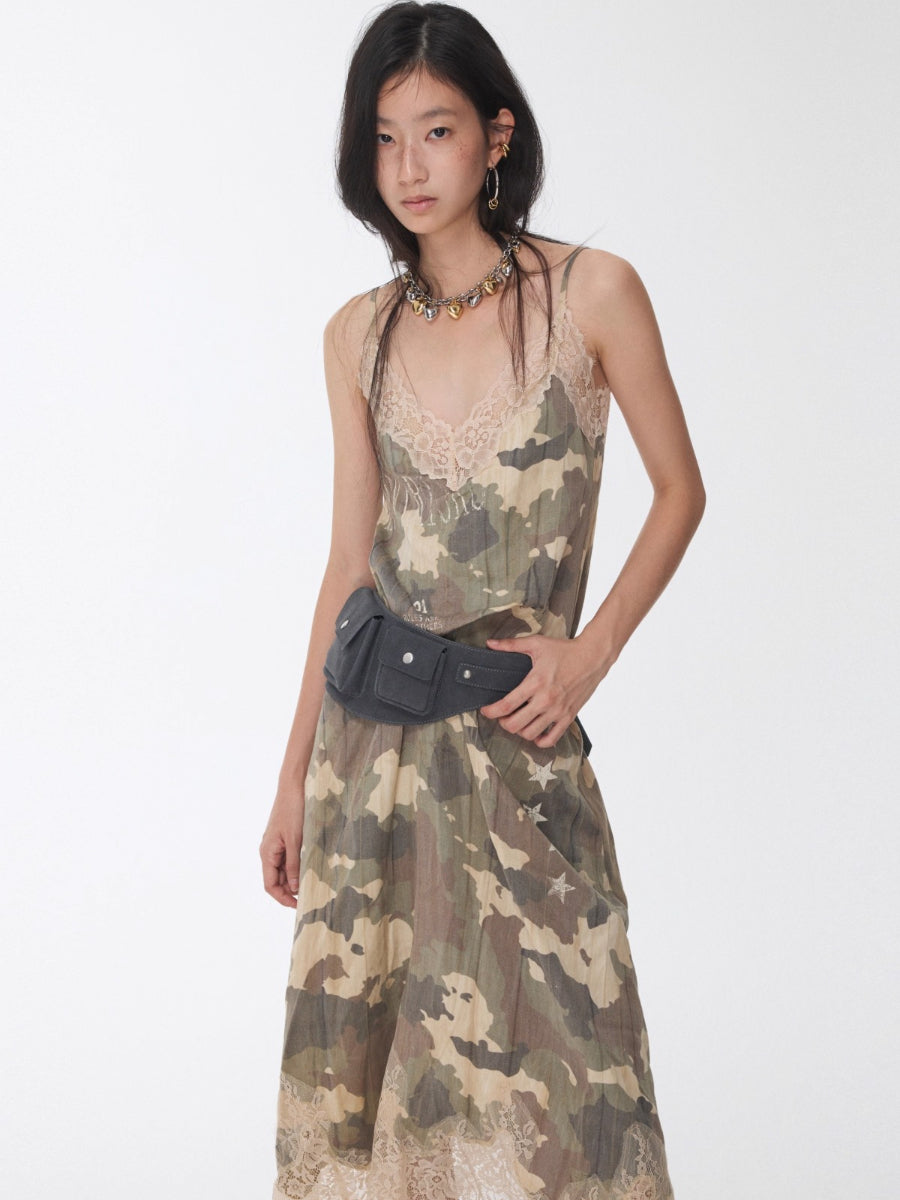 Camouflage Lace Trim Slip Dress