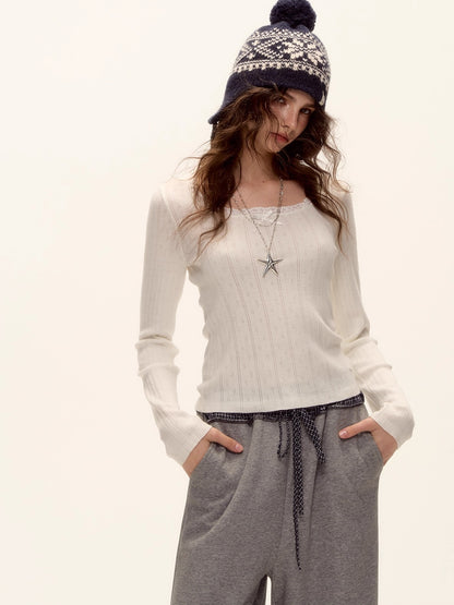 U-Neck Lace Bow Knit Top