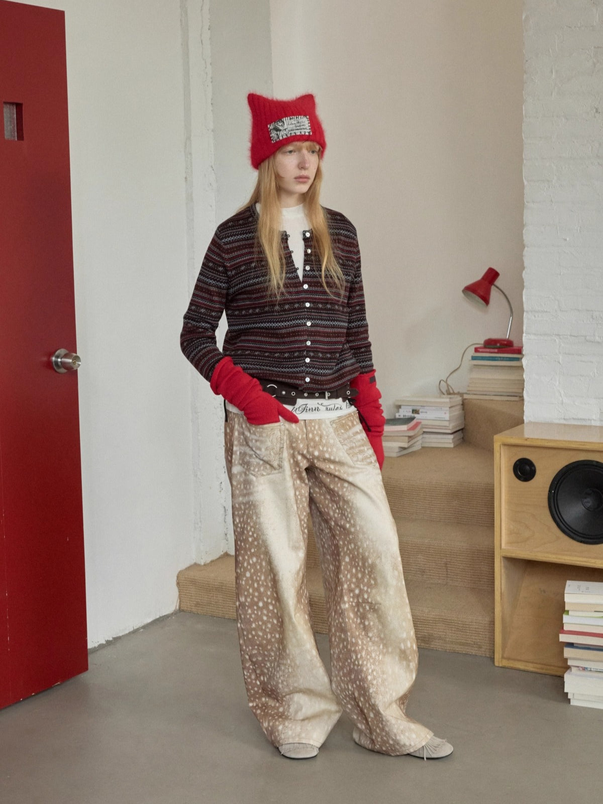 Fair Isle Pony Jacquard Drawstring Knit Cardigan