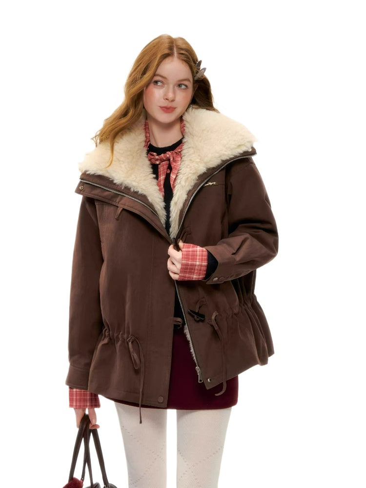 Faux Fur Collar Drawstring Loose Down Parka