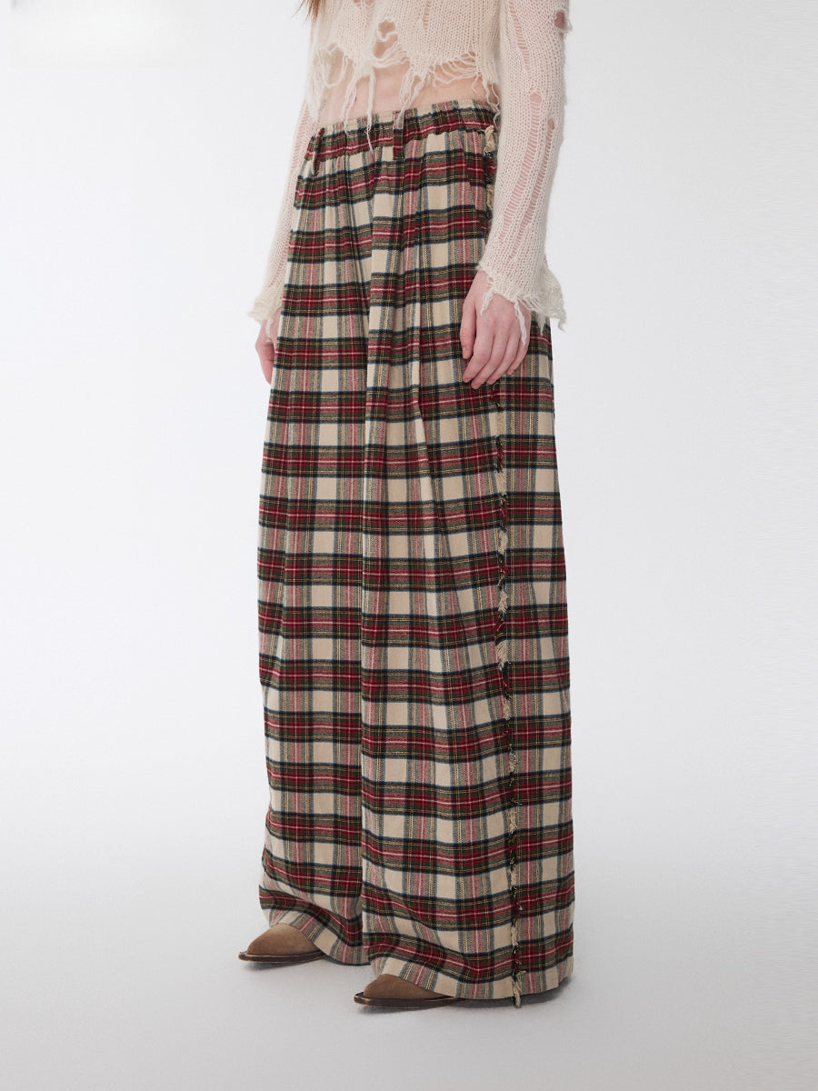 Vintage Red Plaid Brushed Cotton Wide-Leg Pants