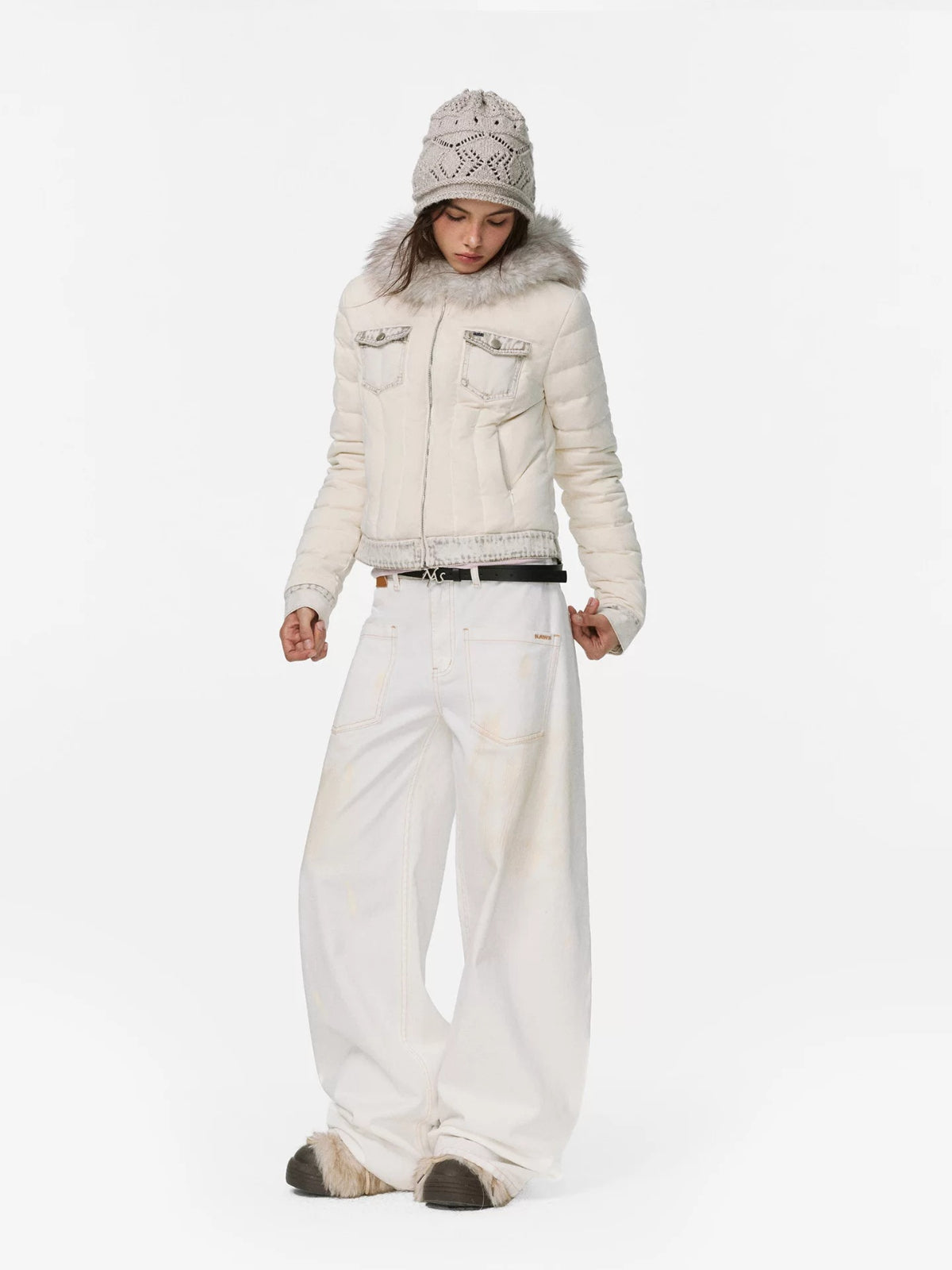 Denim Trim Fur-Collar Down Jacket