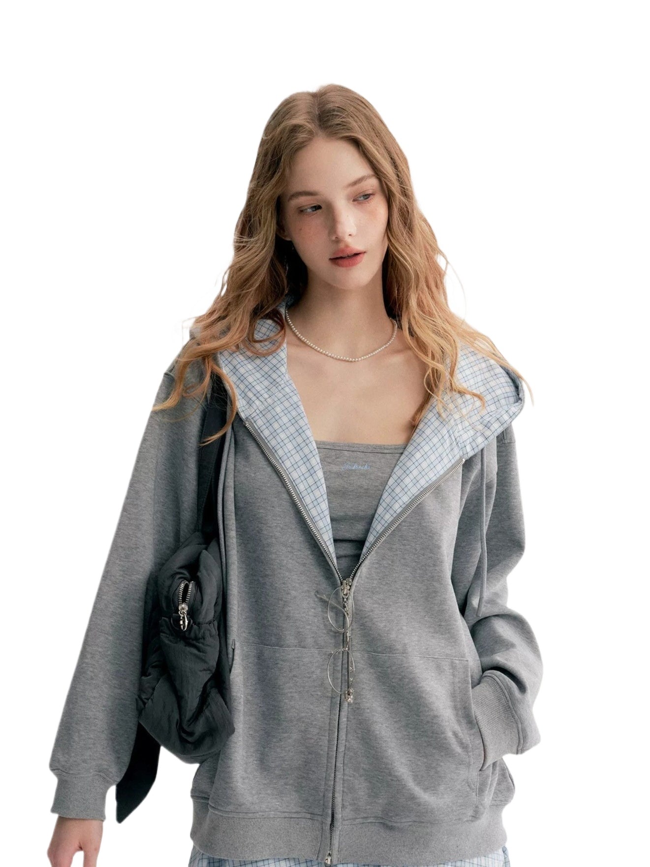 Gray Plaid Hoodie Three-Piece Set