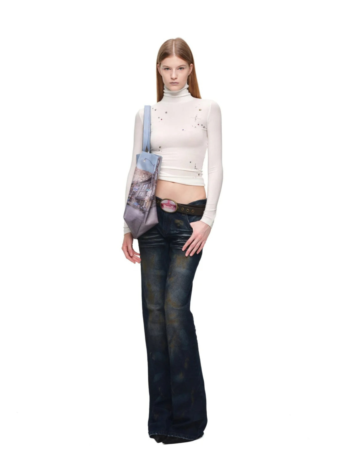 Rhinestone Lyocell Wool Turtleneck Top