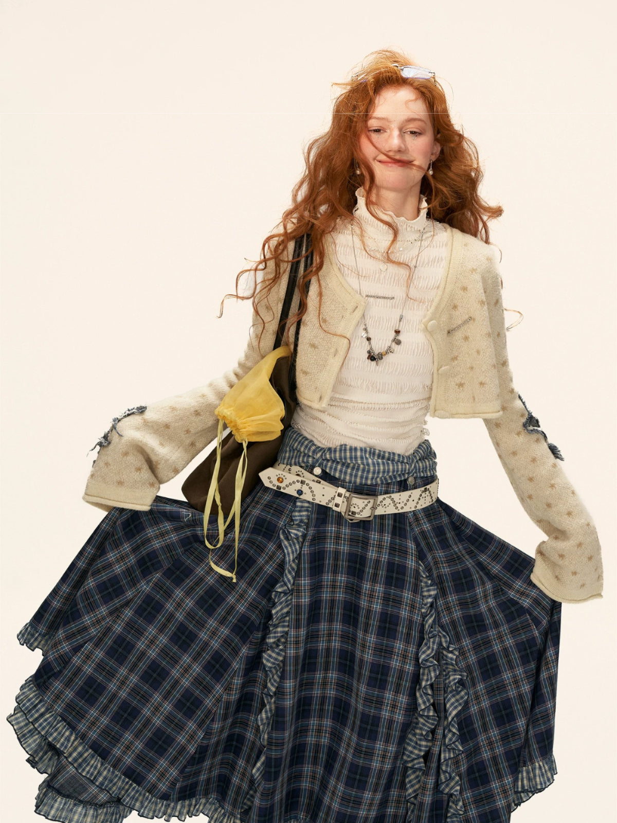 Asymmetric Ruffle Plaid Midi Skirt