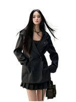 Hooded Waist Cinching Double-Breasted Blazer