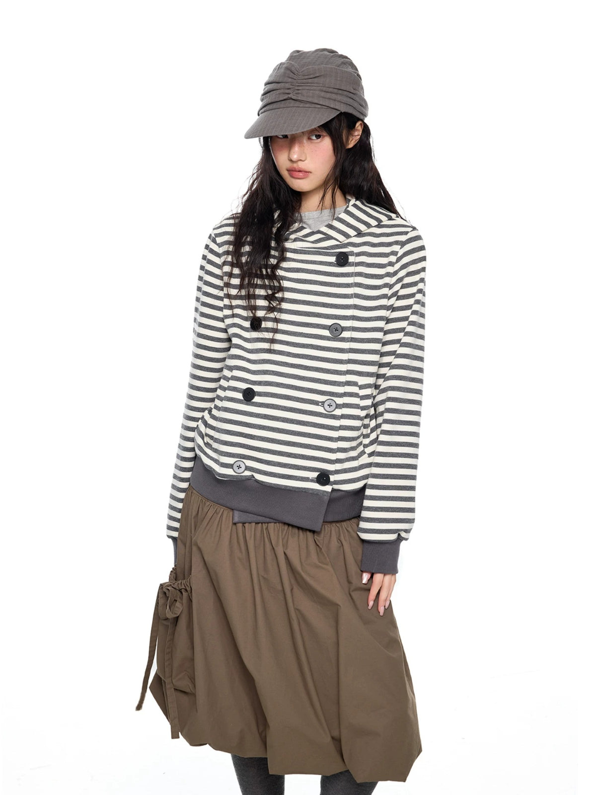 Double-Breasted Striped Hooded Cardigan