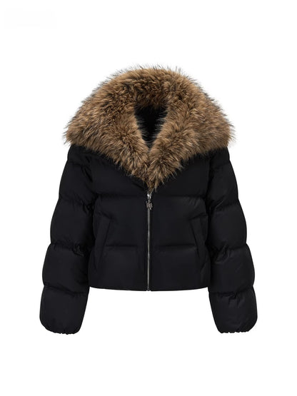 Colorblock Detachable Fur Down Jacket