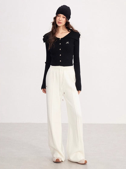 Fleece-lined Knit Elastic Waist Wide-leg Pants