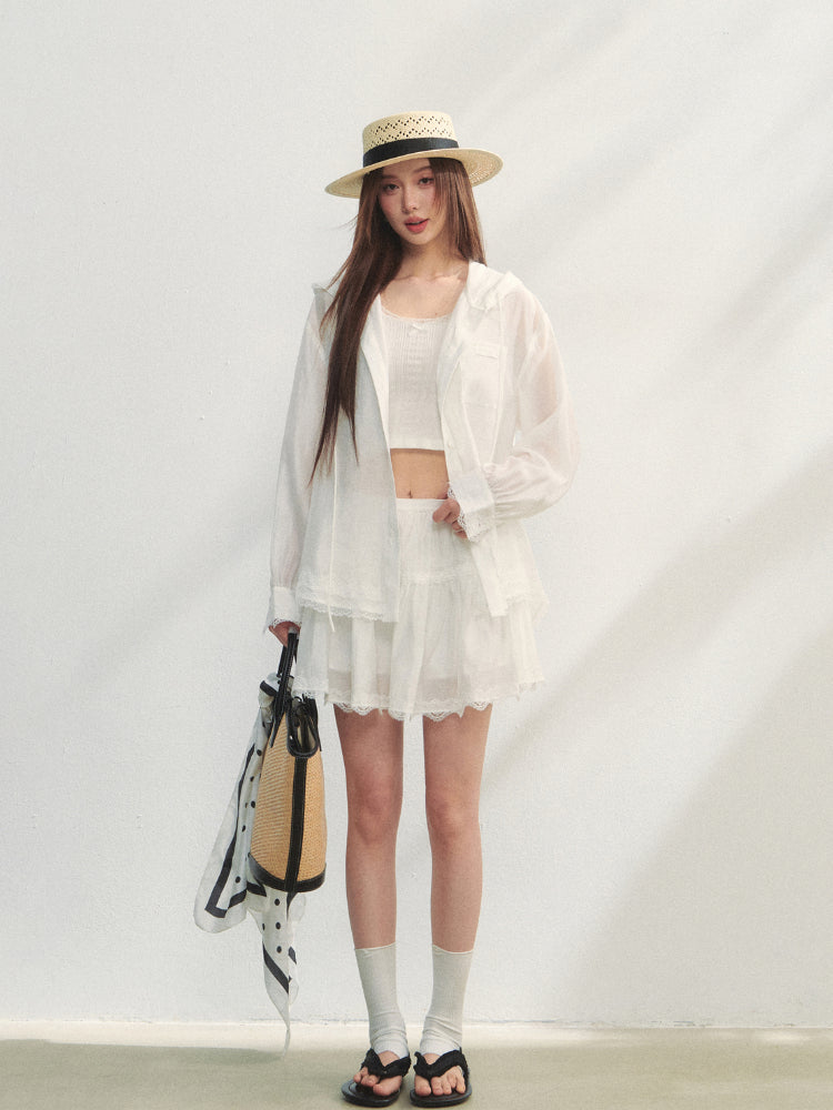 White Lace Panel Hooded Coat &amp; Skirt Set