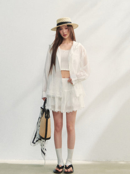 White Lace Panel Hooded Coat &amp; Skirt Set