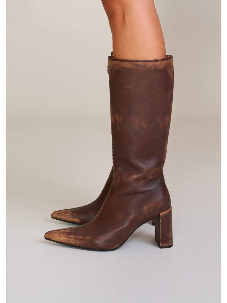 Compass Badge Sword Leather High Heel Boots Patina Wild Horse Brown Patina