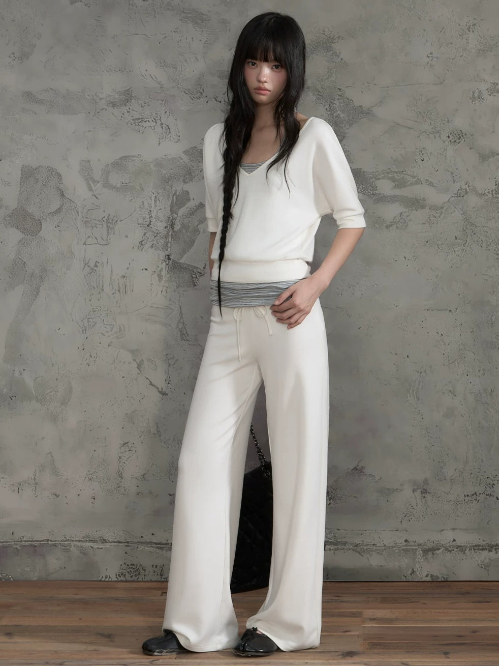 Contrast Waist Wide Leg Pants