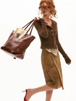 Vintage Washed Leather Midi Skirt