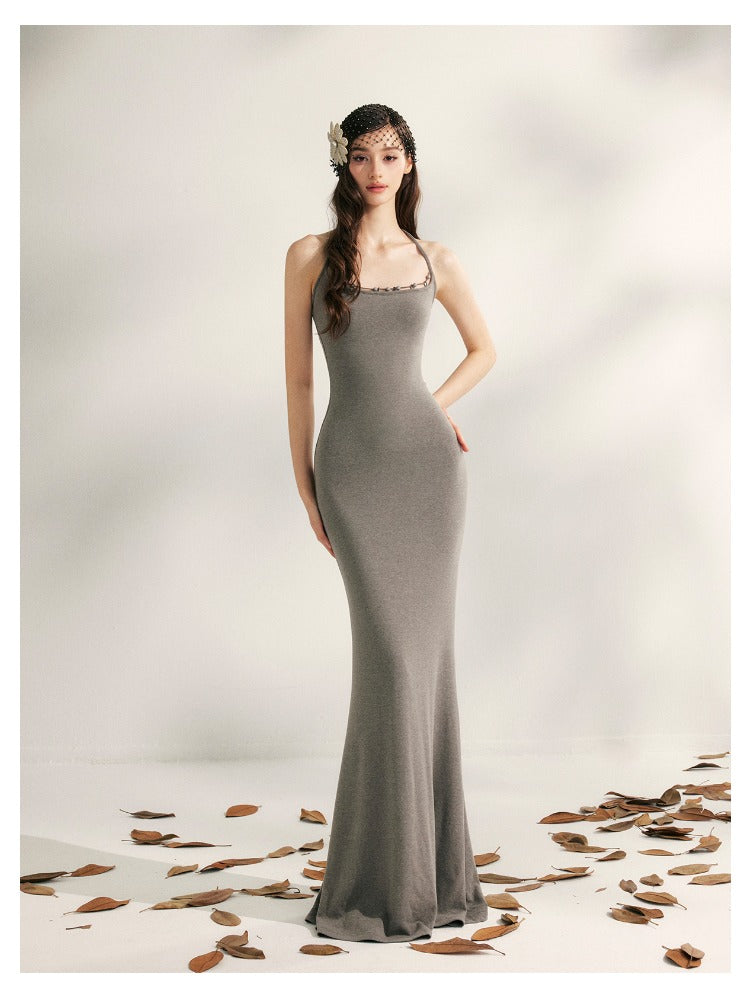 Beaded Halter Knit Fishtail Dress