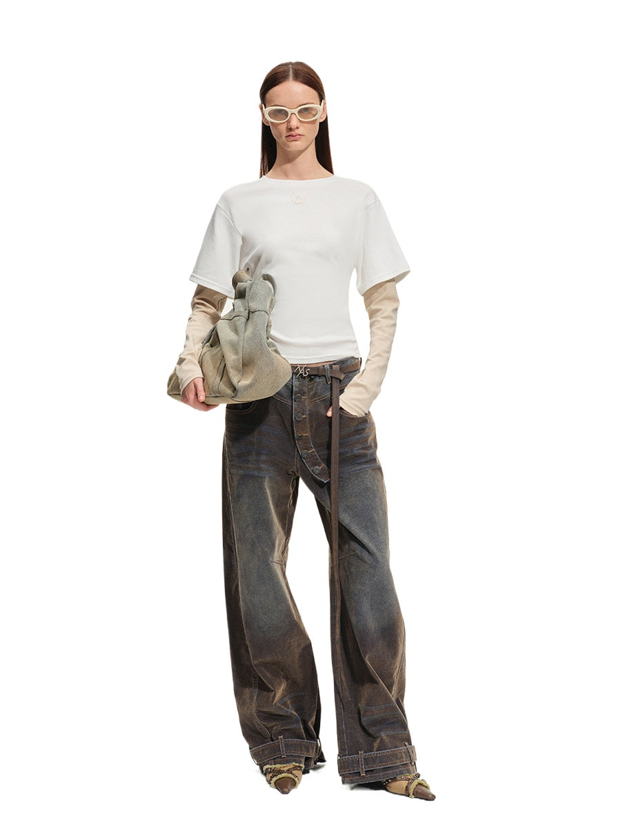 Terracotta Velvet-Washed Wide-Leg Jeans