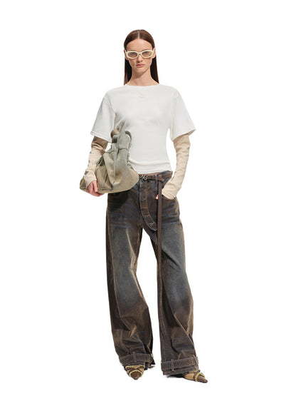 Terracotta Velvet-Washed Wide-Leg Jeans