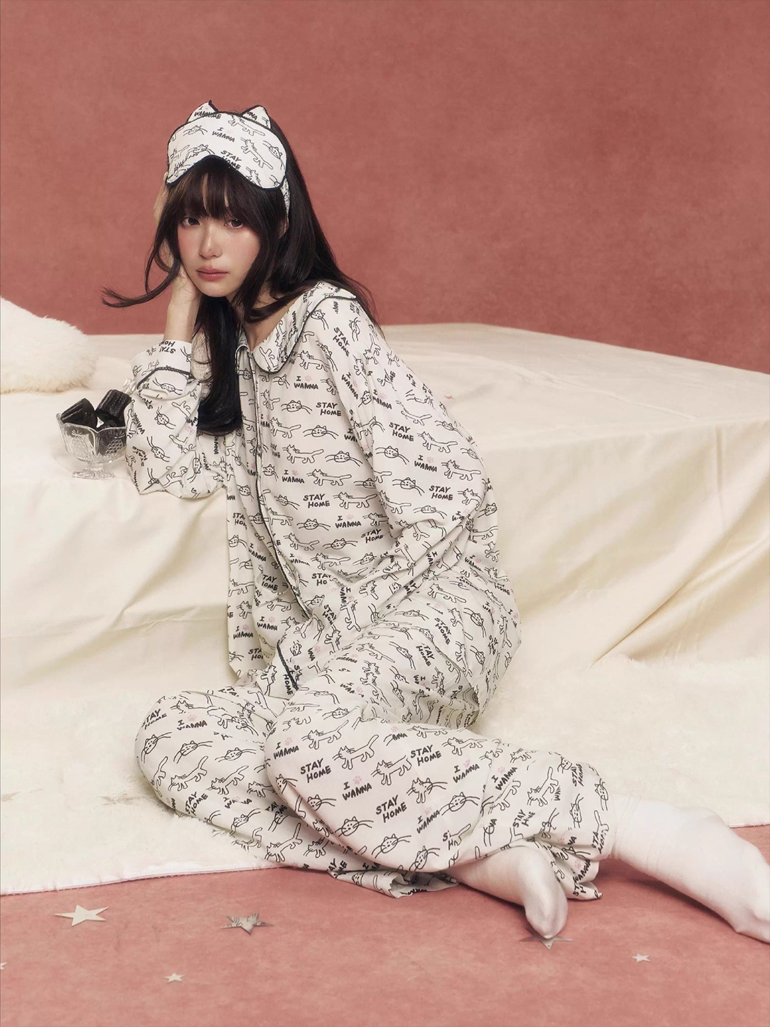 Cat Print Lace Pajama Set