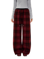 Red Plaid Wool-Blend Drawstring Wide-Leg Pants