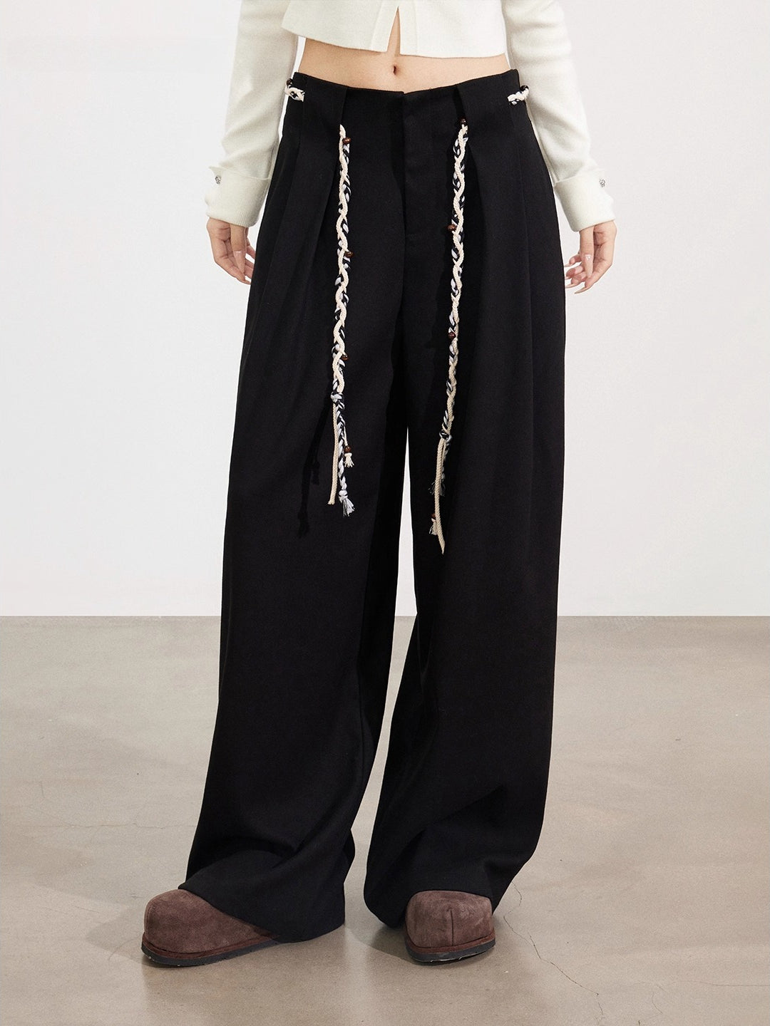 Black &amp; Brown Belted Wool Wide-Leg Pants
