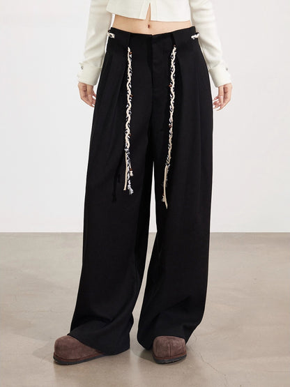 Black &amp; Brown Belted Wool Wide-Leg Pants