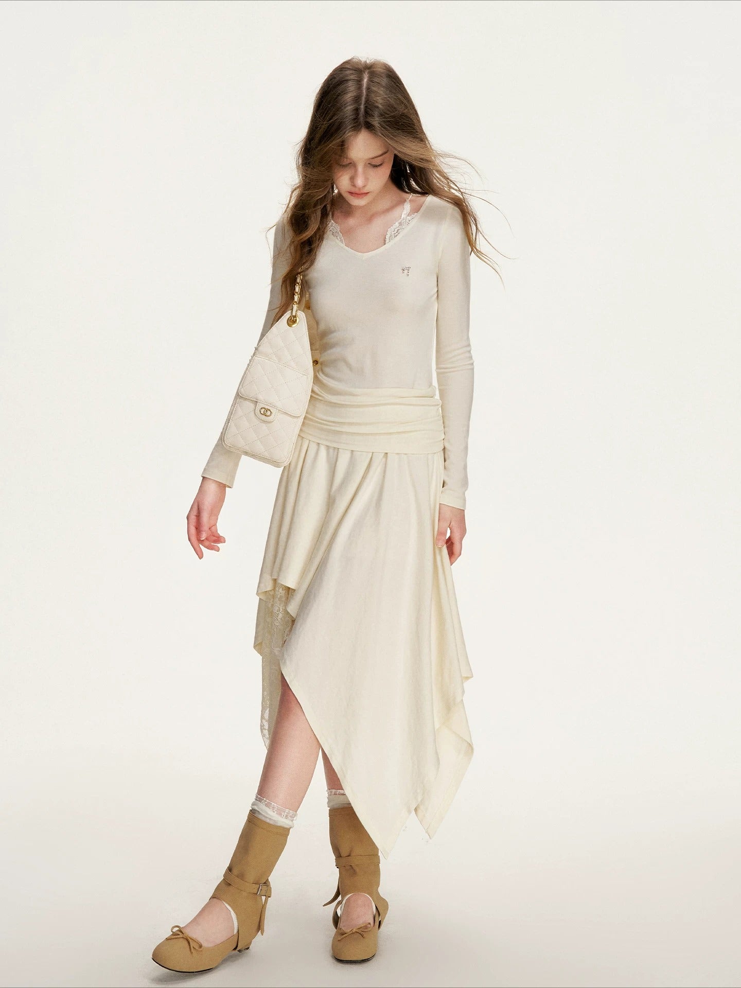 Apricot Lace Ruched Dress