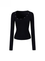 Studded Asymmetric U-Neck Long Sleeve Knit Top