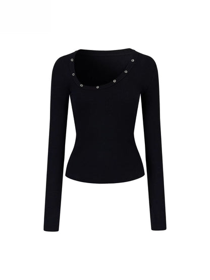 Studded Asymmetric U-Neck Long Sleeve Knit Top