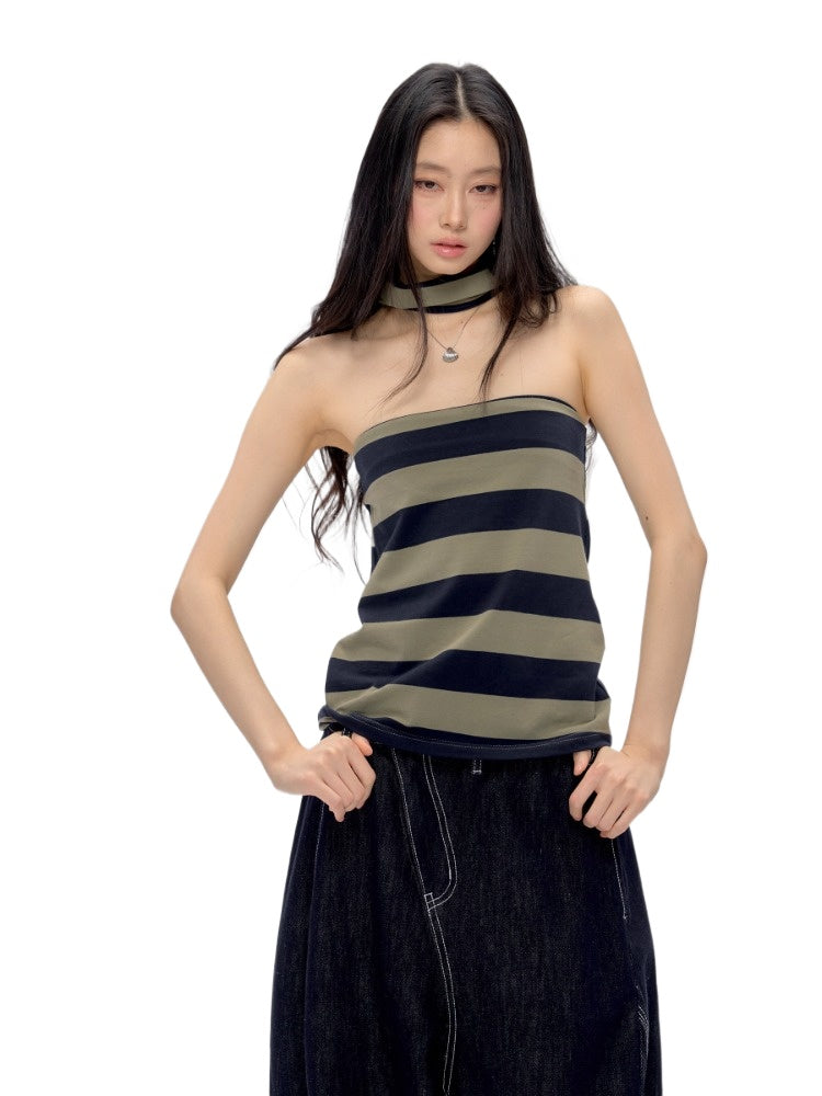 Dark Green Striped Halter Top
