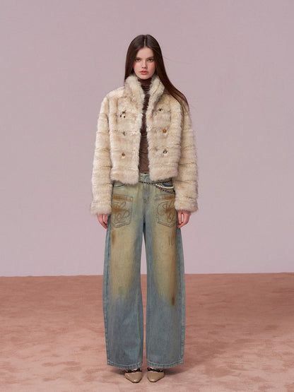 Apricot Double-Breasted Fur Jacket