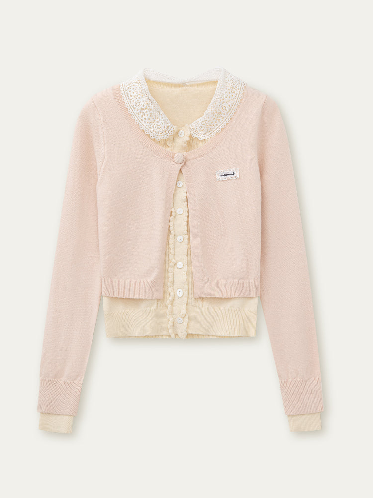 Lace Collar Fake Two-piece Cardigan