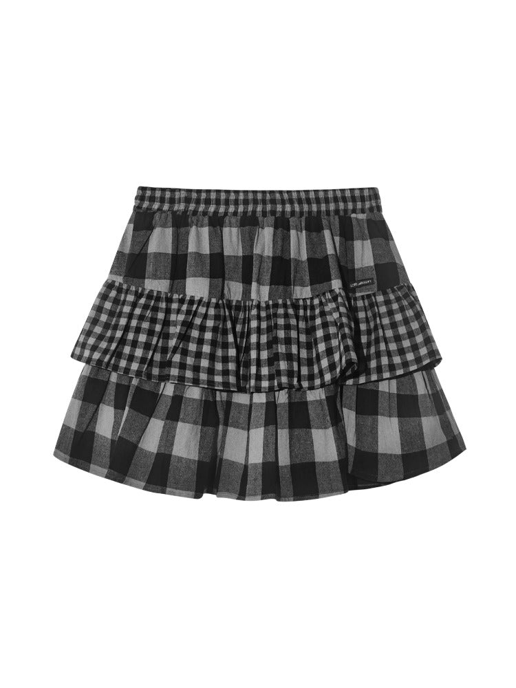 Checkered Panel Ruffle Skirt