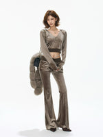 Velvet Hooded Cropped Flared Pants Set
