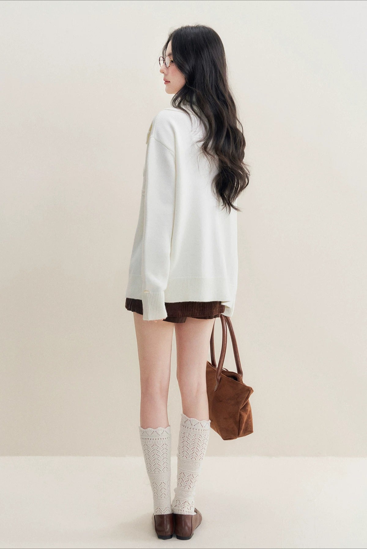 Beige Bow-Embroidered Knit Cardigan