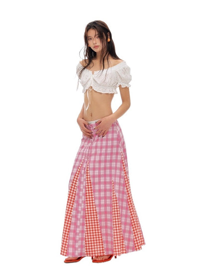 Pink Plaid Panel Skirt