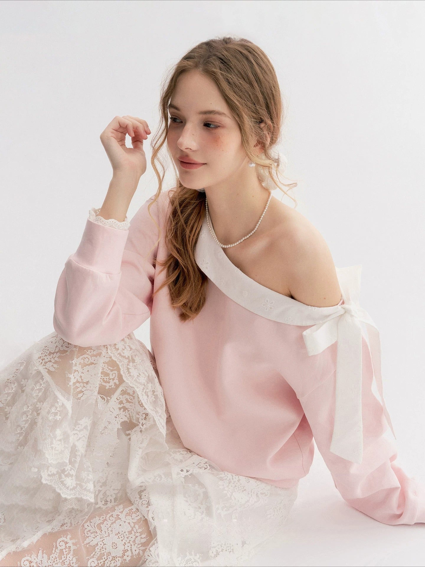 Navy &amp; Pink Bow Off-Shoulder Sweatshirt