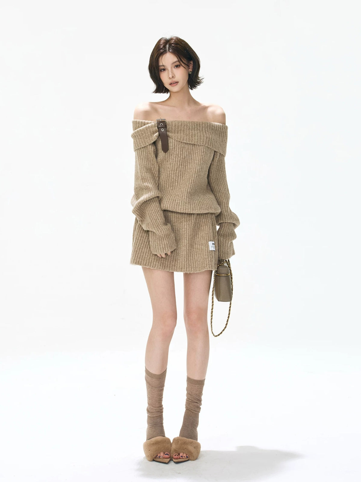 Off-Shoulder Ribbed Wool Blend Mini Dress