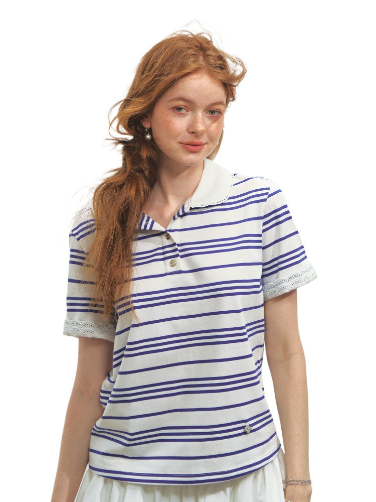 Striped Lace Short-Sleeve Polo Neck T-Shirt