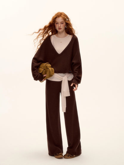 Waffle Knit V-Neck Pullover &amp; Tie Vest Set with Wide-Leg Pants