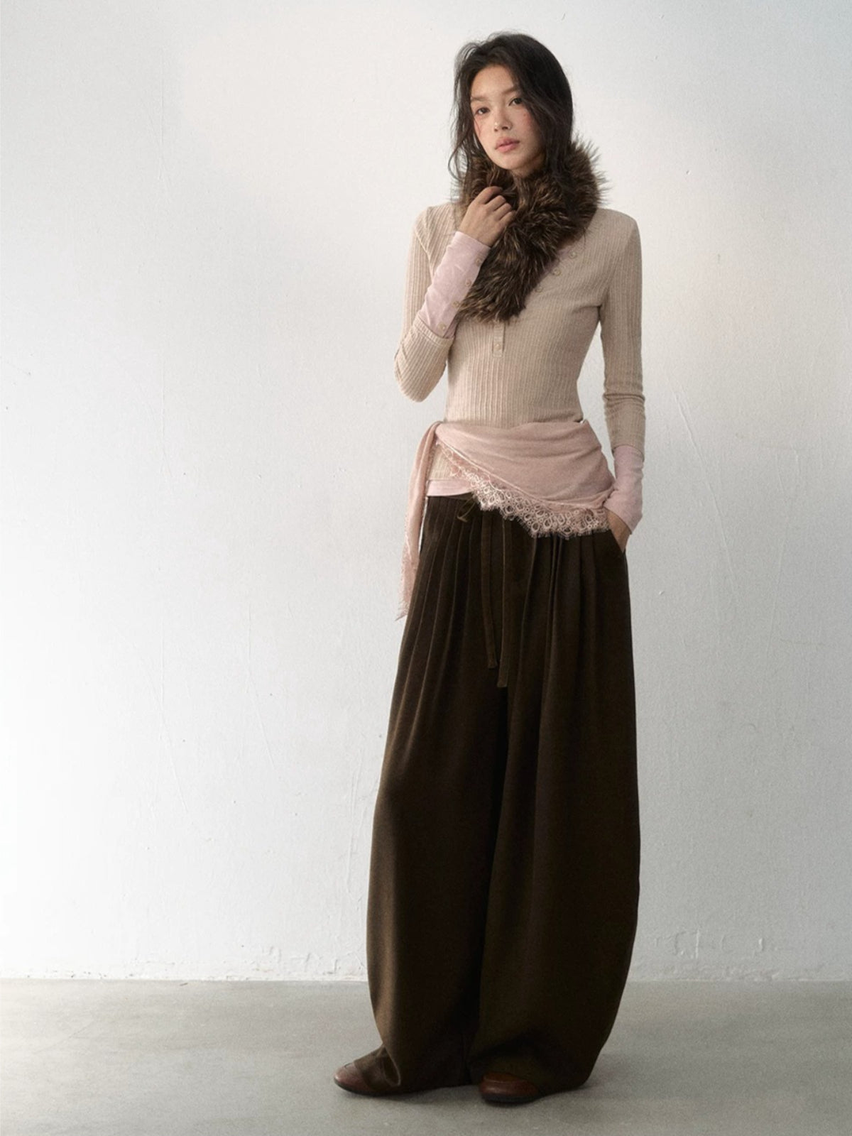 Layered V-Neck Ribbed Knit Top