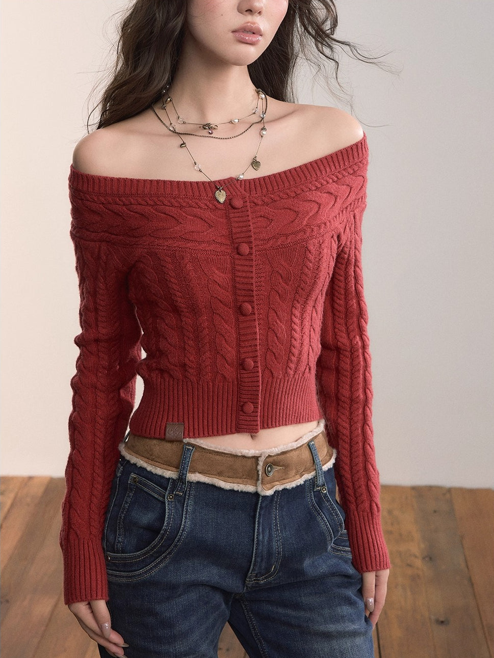 Off-Shoulder Cable Knit Sweater