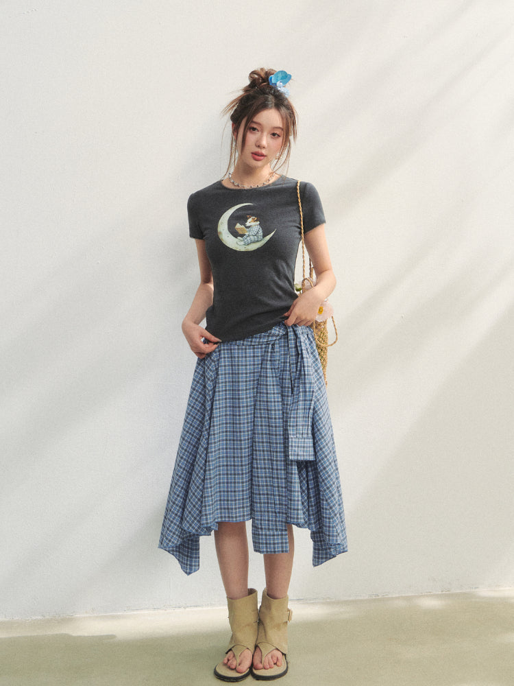 Blue Checkered Irregular Tie-Waist Skirt