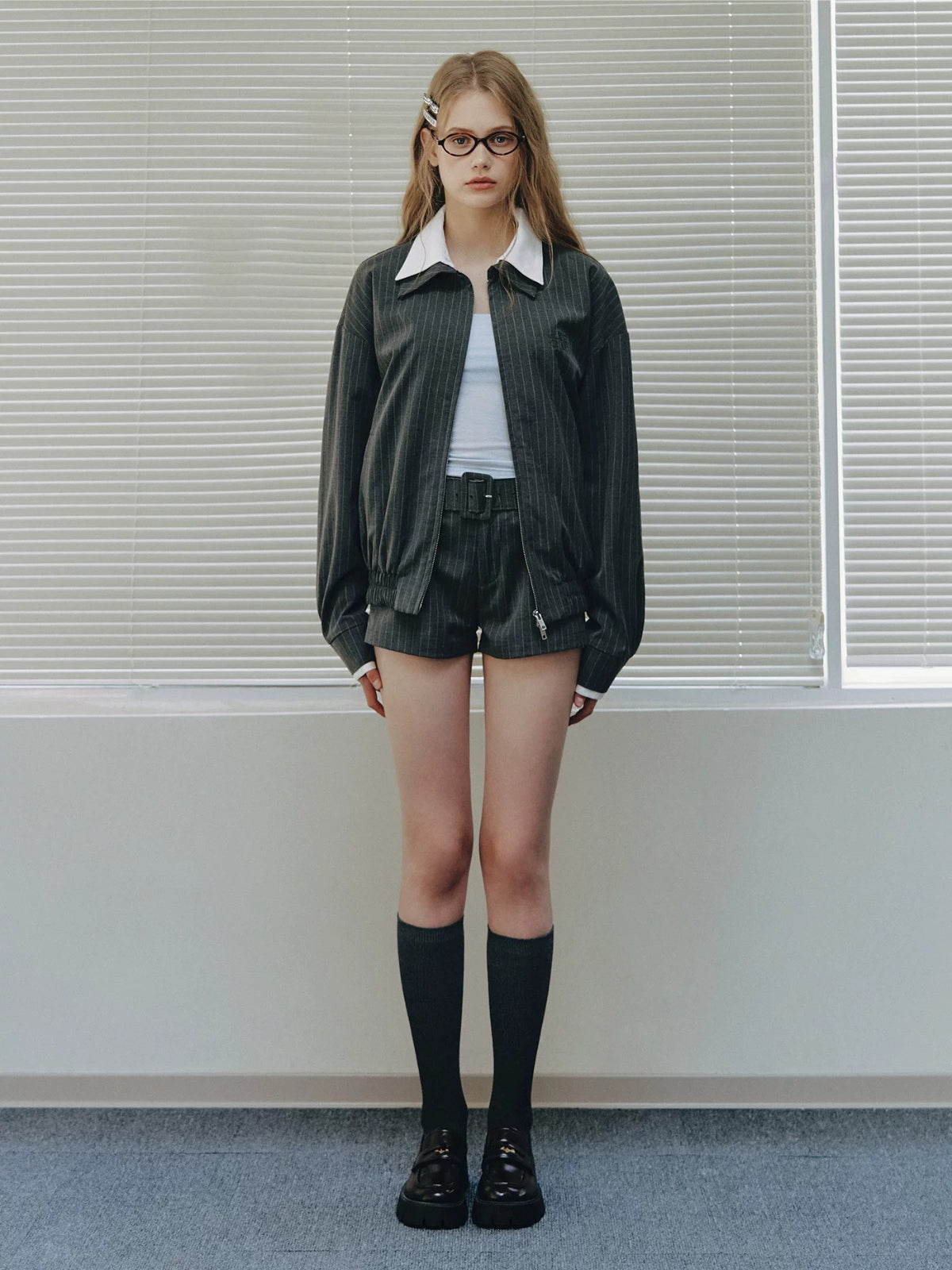 Spliced Jacket &amp; Striped Suit Shorts Set