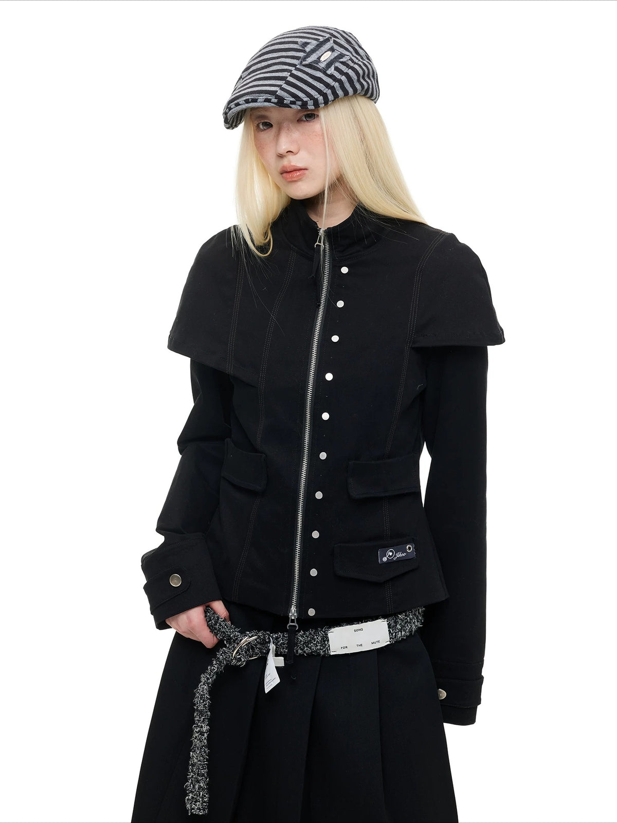 Double Zip Stand Collar Cropped Jacket