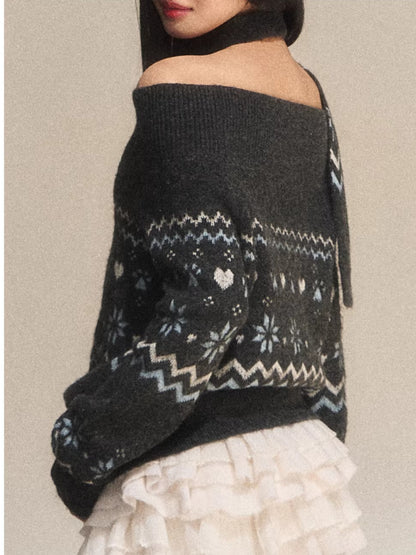 Gray Fair Isle Off-Shoulder Knit Sweater