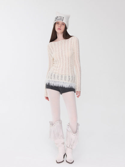 Cable Knit Faux-Fur Trim Fitted Sweater