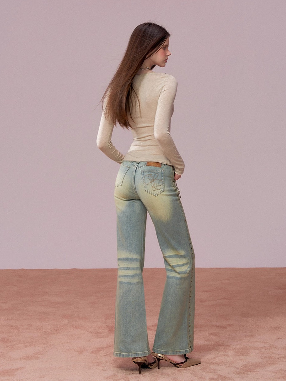 Studded Wash Straight-Leg Jeans