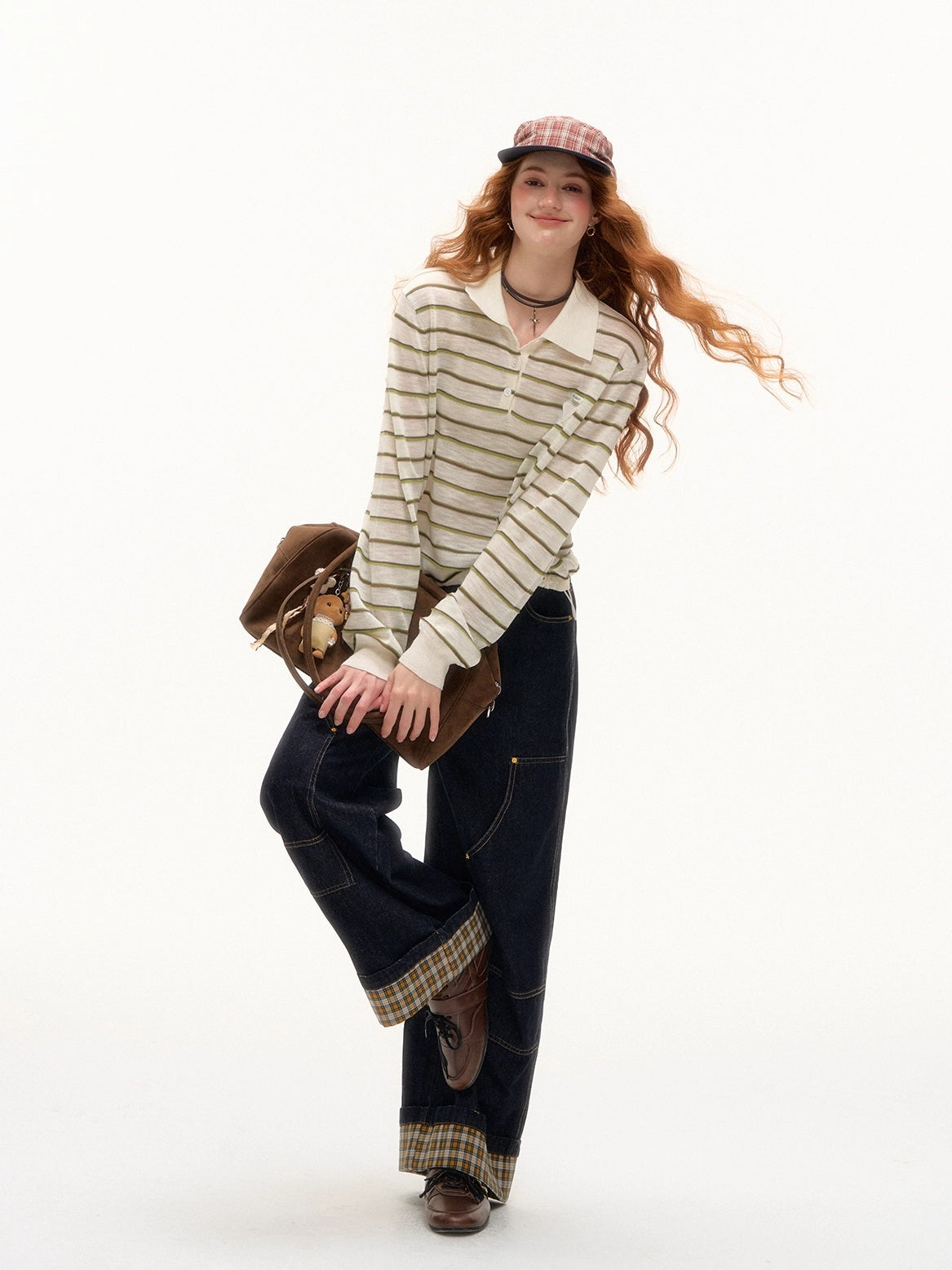 Yellow &amp; Red Plaid Hem Denim Pants