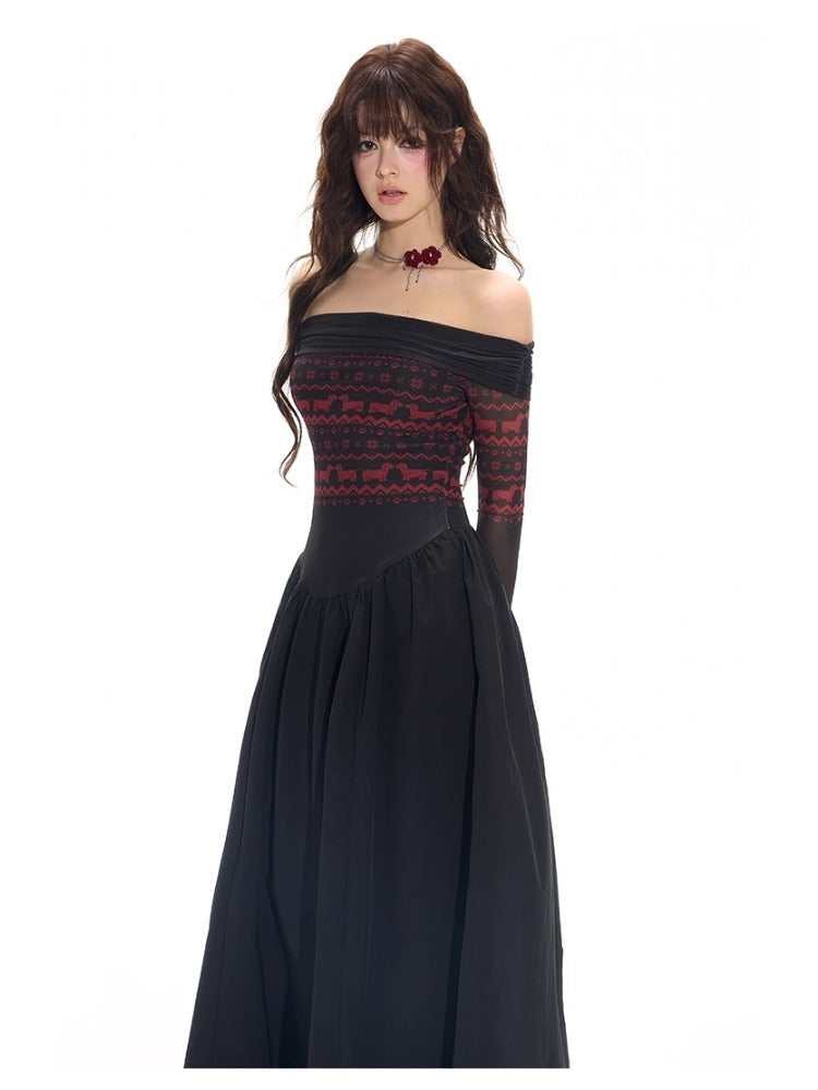 Black-Spliced Slim Off-Shoulder Dress