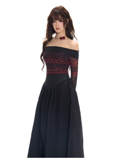 Black-Spliced Slim Off-Shoulder Dress